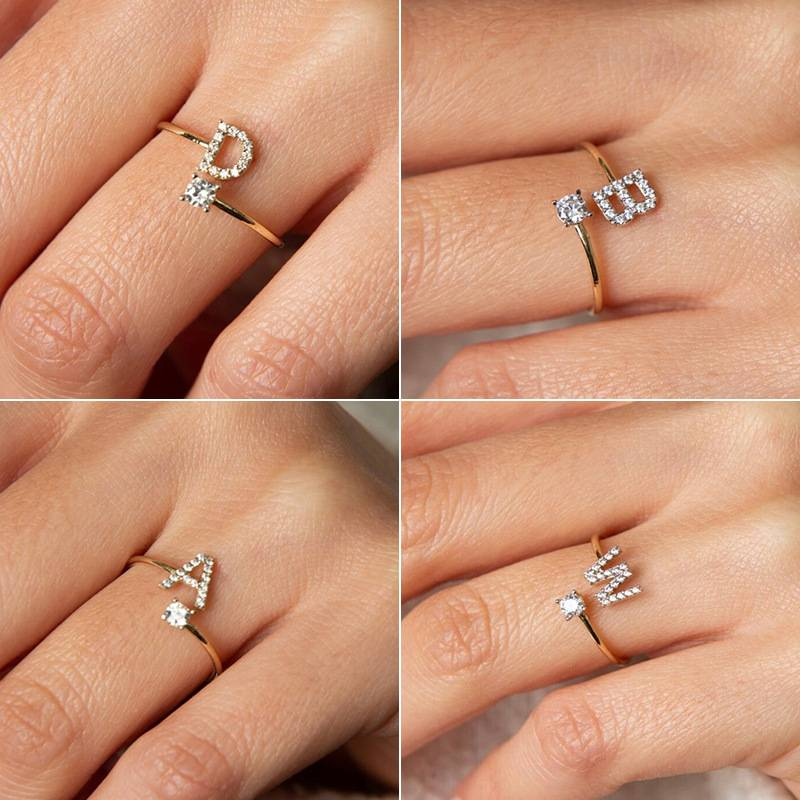 Bague femme mode 26 lettres anglaises micro incrustées de zircons Bague ouverte unie plaquée cuivre 14 carats_voghion.com