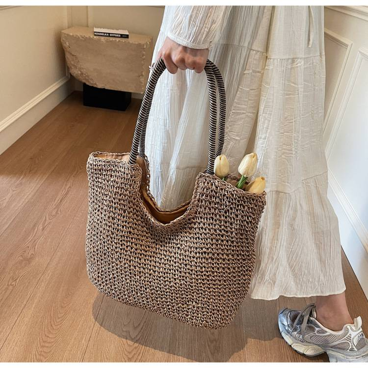 Borsa intrecciata a mano Borsa da spiaggia con fiocco carino Borsa da spiaggia alla moda Borsa da spiaggia monospalla in paglia Borsa da festa_voghion.com