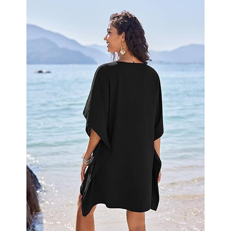 Copricostume da bagno da donna con bottoni, copricostume da bagno con maniche a 3/4, bikini oversize, abito da spiaggia, S-XXL_voghion.com