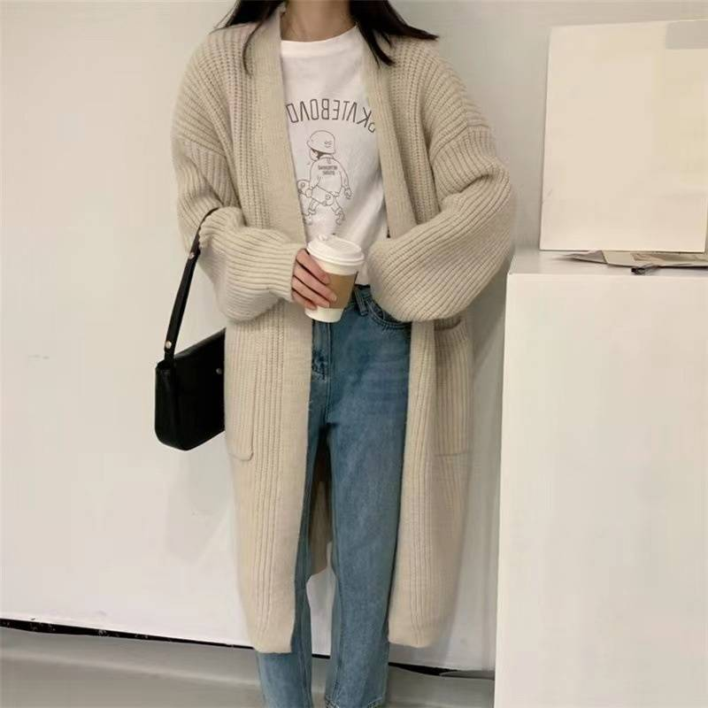 Übergroßer Cardigan mit V-Ausschnitt – Grobstrick-Langpullover mit offener Vorderseite (Einheitsgröße, 7 Farben)_voghion.com