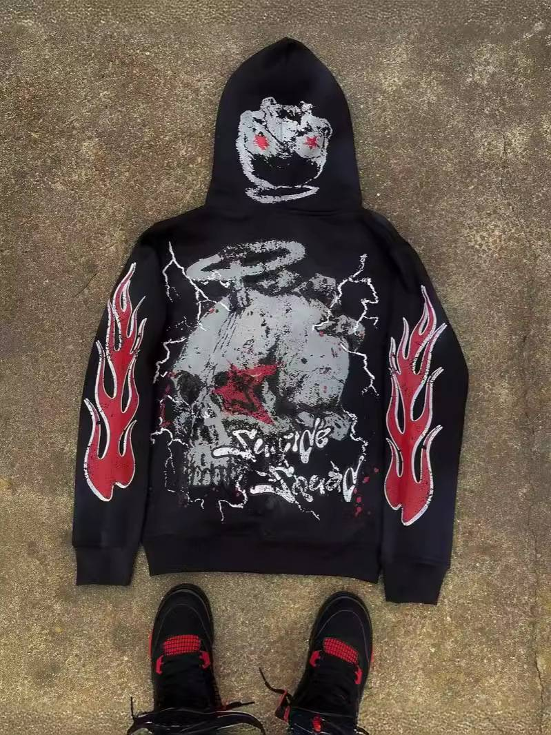 Y2k Retro Streetwear Hoodie With 3d Cartoon Print, Zip-up Oversized Pullover For Hip-hop & Dark Aesthetic Fashion_voghion.com
