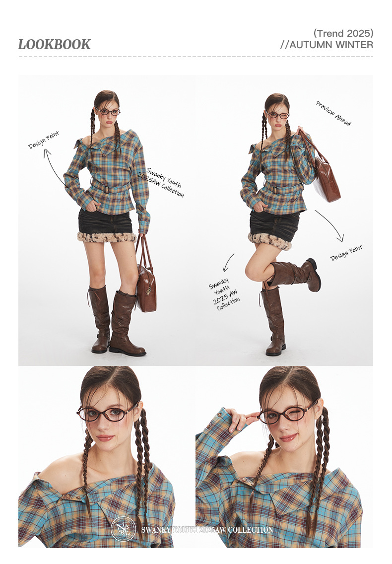 Women's Clothing Women's Asymmetric Collar Shirt - Slim Fit Checkered Top With Waist Tie_voghion.com