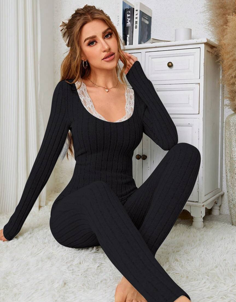 Women's Solid Ribbed Lace Trim Slim Fit Sleepwear Set Long Sleeve Round Neck Pants Comfortable Casual Outfit For Autumn_voghion.com
