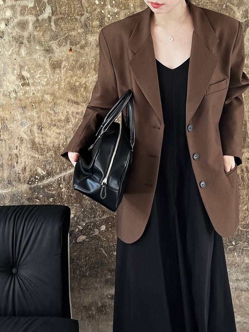 Giacca blazer casual a maniche lunghe in stile coreano da donna, vestibilità ampia vintage con tasche (marrone, nero)_voghion.com