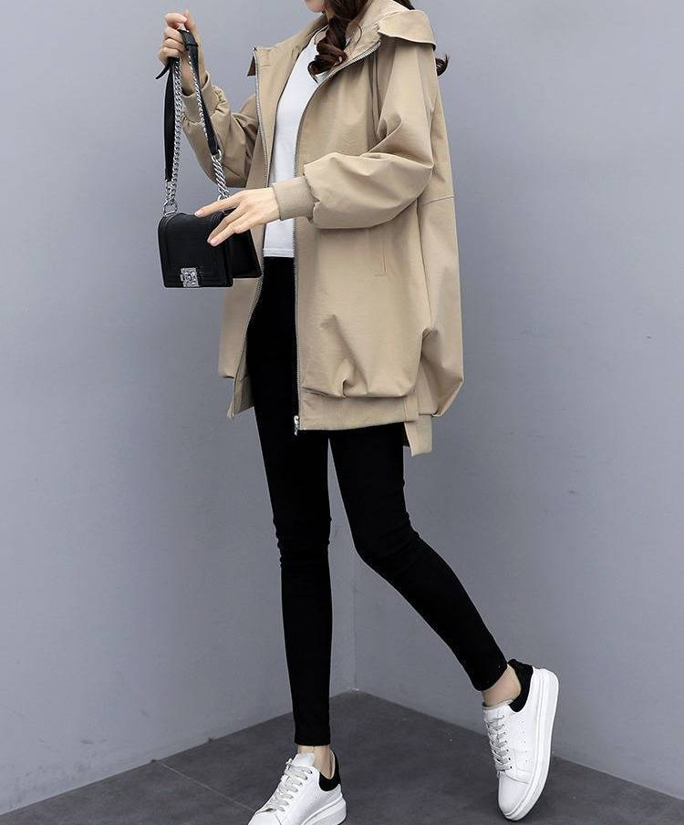 Lässiger Trenchcoat mit Kapuze in Übergröße für Damen – Locker geschnittene, langärmlige Frühlings-/Herbstjacke in Khaki, Beige und Schwarz (mit/ohne Futter)_voghion.com