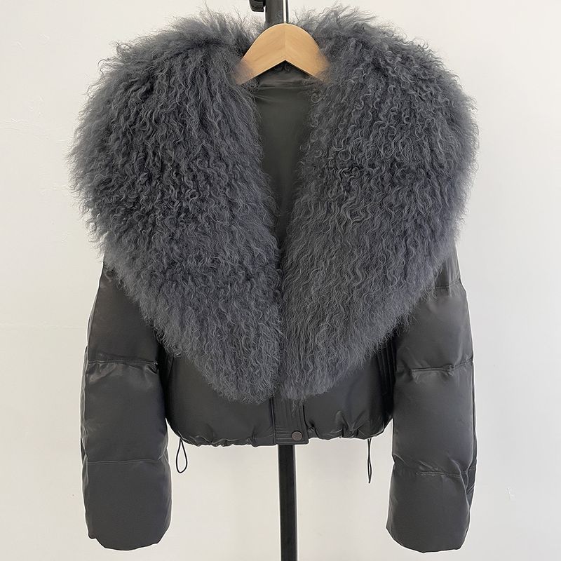 Women's Luxury Duck Down Jacket With Oversized Fur Collar – Winter Warm Coat (Black/Burgundy/Khaki, S/M)_voghion.com