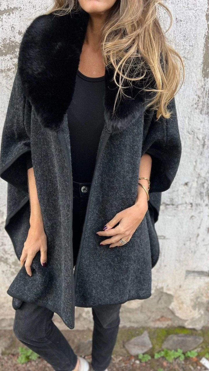 Women's Winter Cape Coat With Faux Fur Collar – Oversized Lapel Trench Coat For Office & Casual_voghion.com