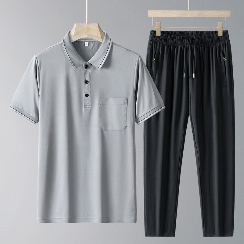 CT Dad Outfit Sportliches Casual Sommer-Poloshirt Aus Eisseide Mit Kurzen Ärmeln Dreiteiliges Set Für Männer_voghion.com