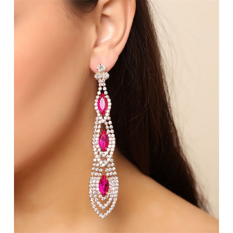 Neue geometrische lange mit super funkelnden Diamanten und rosa Wassertropfen Temperament, vielseitig einsetzbare Ohrringe_voghion.com