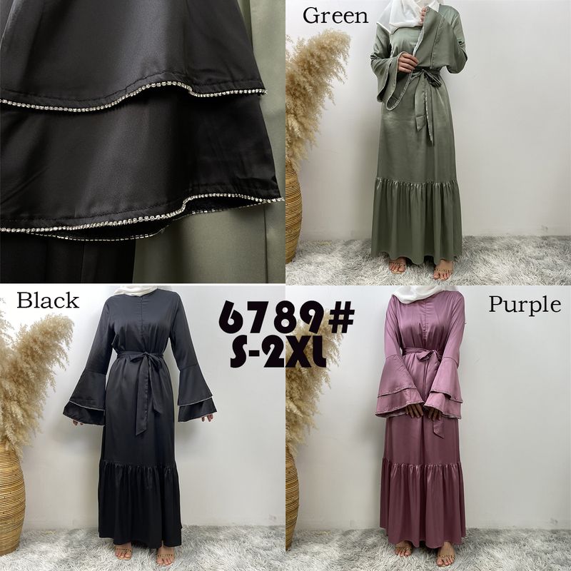 Yeni Saten Müslüman Kadın Elbisesi Çift Çan Kollu Abaya Lüks Dubai Elmas Uzun Elbise Etek Ucu Eklemeli Kaftan Faslı Kadın Zarif_voghion.com