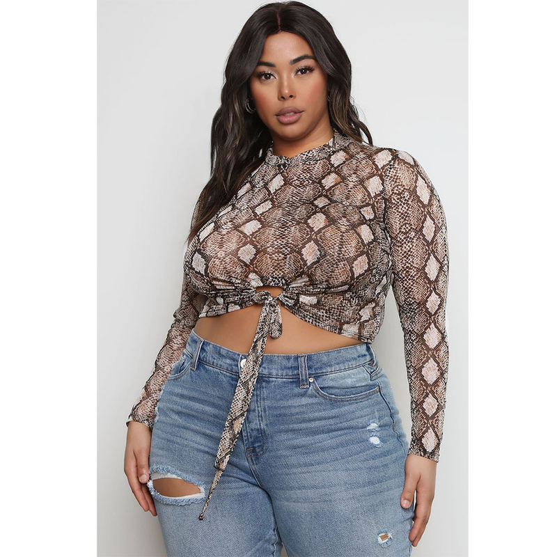 Top a maniche lunghe da donna con stampa serpente trasparente alla moda, abbigliamento da donna_voghion.com