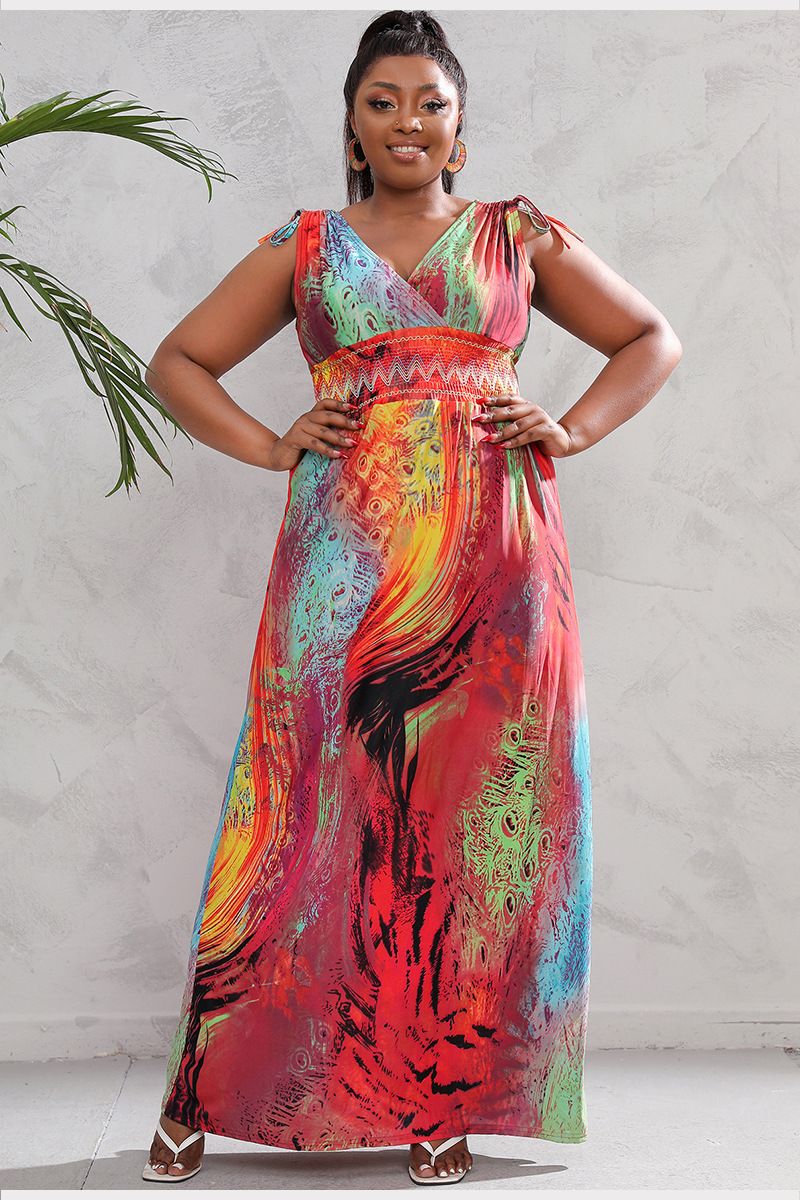 Vestido de seda de hielo con estampado de talla grande para mujer, vestido largo bohemio con escote en V y tallas grandes_voghion.com