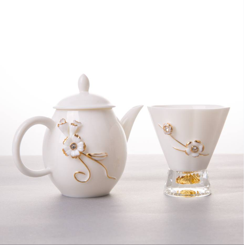 Weißes Porzellan Goldfolie Kristall Tee-Set Eine Kanne und vier Tassen Business Geschenk Set Lieferungen_voghion.com
