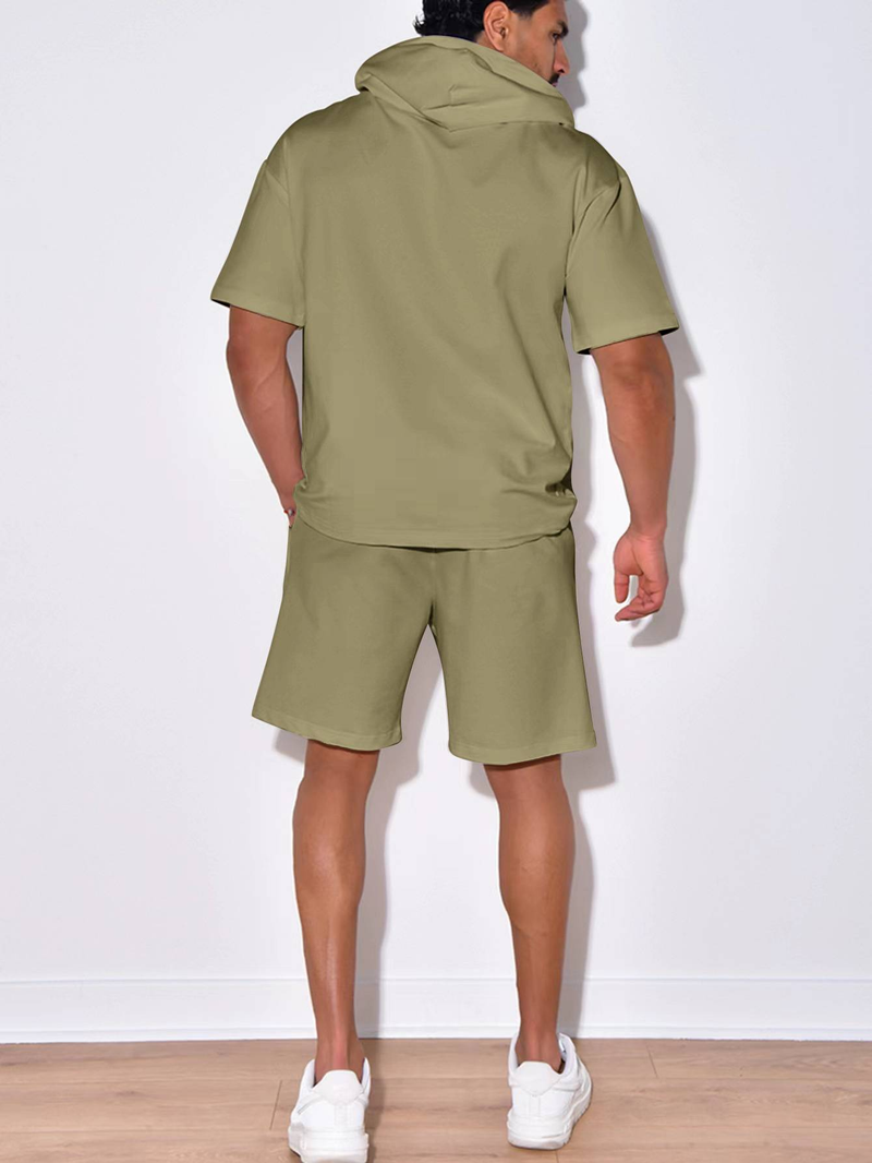 Nuovo prodotto 2025, abbigliamento sportivo casual da uomo europeo e americano, a maniche corte e pantaloncini, con cappuccio, tinta unita, due pezzi_voghion.com