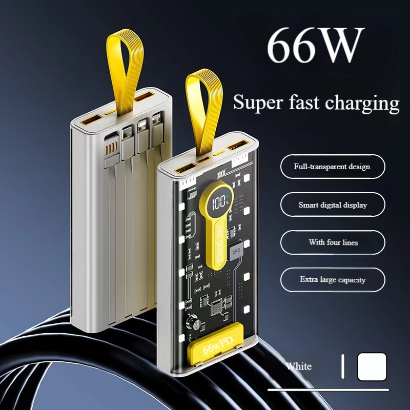 Batterie externe ultra-rapide 66 W 20 000 mAh, style punk transparent, avec veilleuse LED et affichage numérique_voghion.com