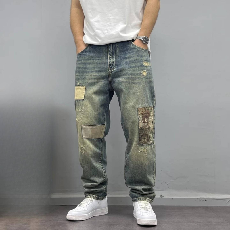 Vintage Washed Distressed Jeans für Herren – Relaxed Tapered Fit mit Patchwork und offenem Saum (Blau, 28-36)_voghion.com