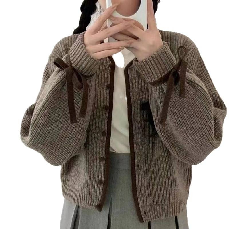 Women's Clothing Vintage-Inspired Korean Style Knit Cardigan With Tie Sleeves & Contrast Trim - Soft Long Sleeve Button-Up Top_voghion.com