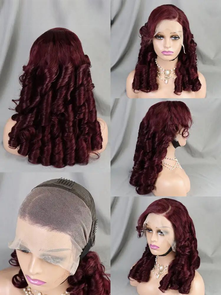 Parrucca frontale in pizzo da 13x4, 18 pollici, densità 250%, con capelli umani, riccioli elastici, pizzo trasparente, meches nere, biondo bordeaux_voghion.com