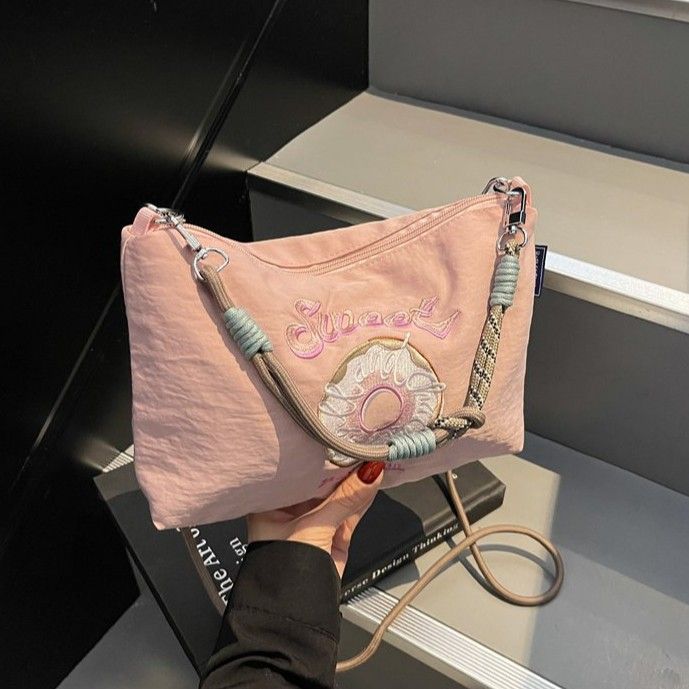 Embroidered Donut Handbag Nylon Fabric Trendy Women Japanese And Korean Style Casual Outing Commuting Crossbody_voghion.com