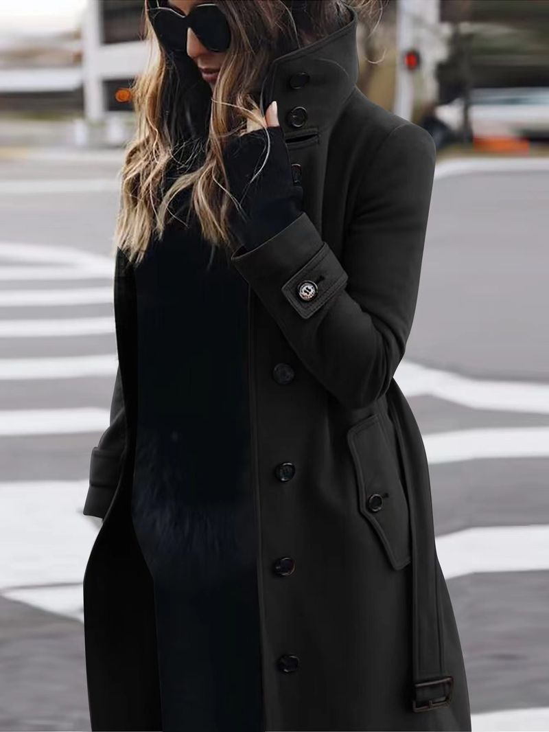 Slim-Fit Wool Blend Pea Coat For Women – Elegant Short Trench Coat With Belted Waist Coat Solid Color Women's Coat_voghion.com