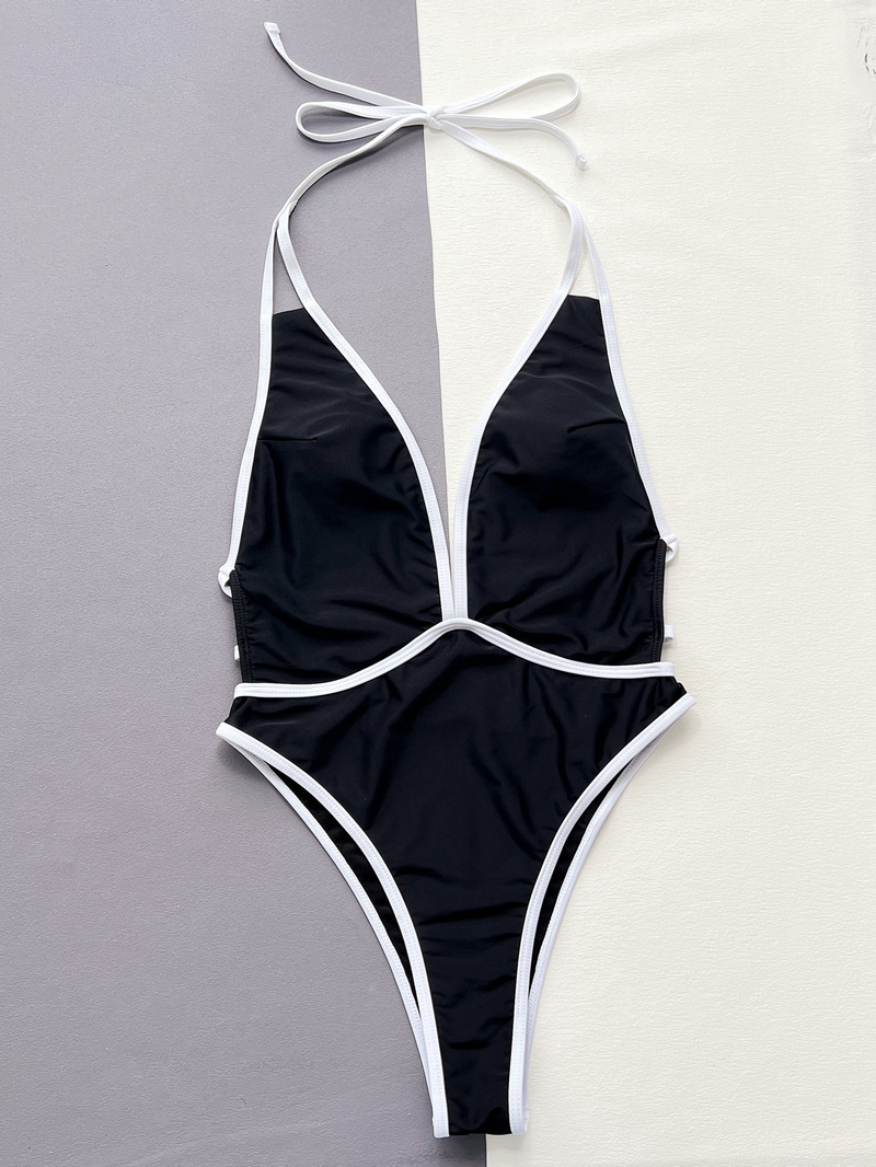 bikini maillot de bain une pièce noir et blanc à bretelles creuses contrastées_voghion.com