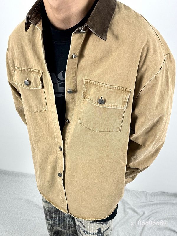Herbst/Winter Neue Color-Block Umlegekragen Amerikanischer Stil Canvas Gefärbt Vintage Washed Arbeitshemd Unisex Jacke_voghion.com