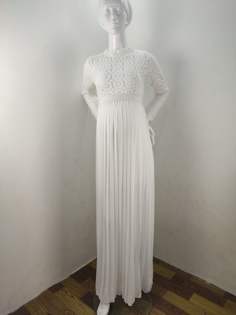 Abito da sera con cuciture in pizzo da donna in canapa sudcoreana per donna incinta, gonna centinaia di pieghe, gonna a maniche lunghe con spacco_voghion.com