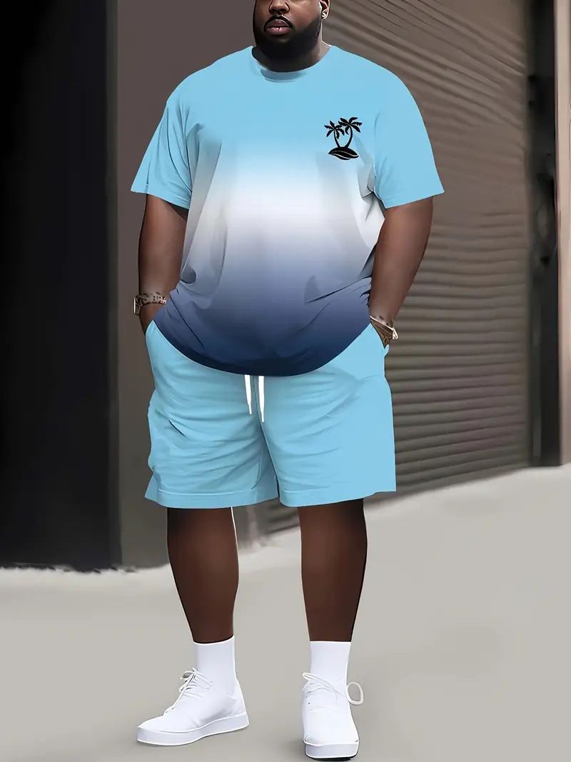 Herrenbekleidung Plus Size Fashion T-Shirt Shorts Anzug Kokosnussbaum 3D Digitaldruck Lässiger Strandhosenanzug_voghion.com