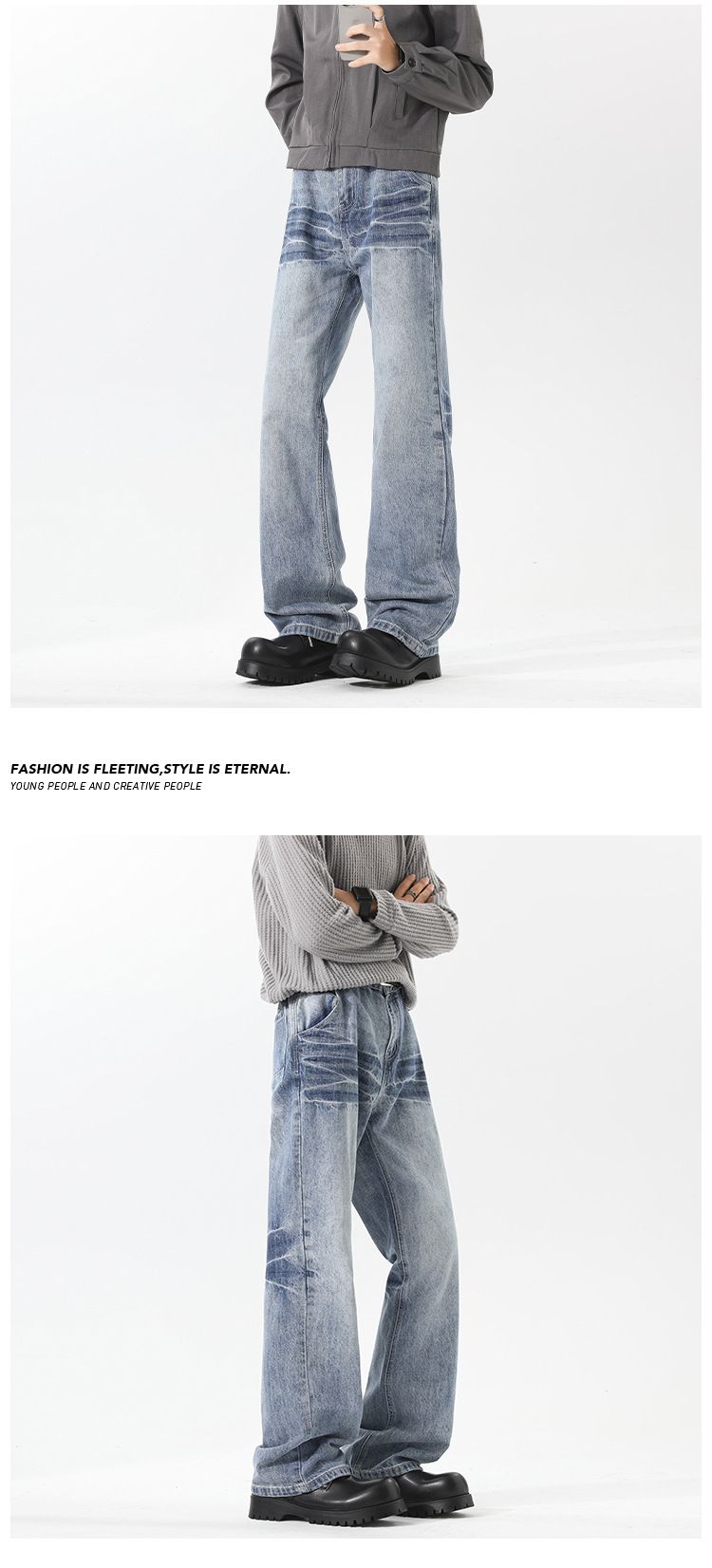 Cleanfit Cat Whisker Jeans For Men – Vintage Washed Stretch Denim With Subtle Flare (M-5XL) – High Street Baggy Trousers For Urban Streetwear_voghion.com