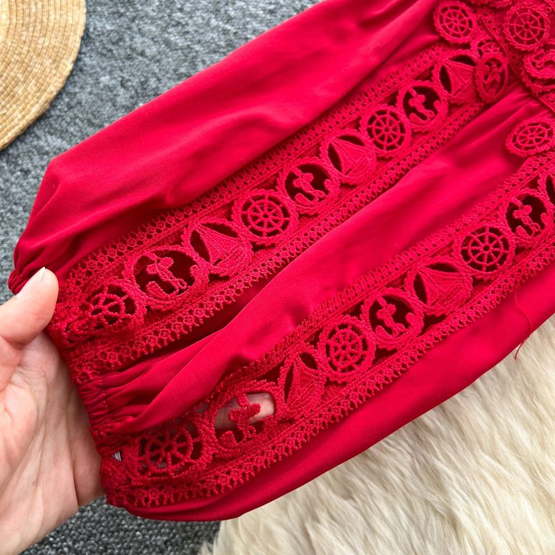 Women's Clothing Palace Style Two Piece Suit For Women Temperament Short Lapel Lantern Sleeve Top + High Waist Lace Patchwork Skirt_voghion.com