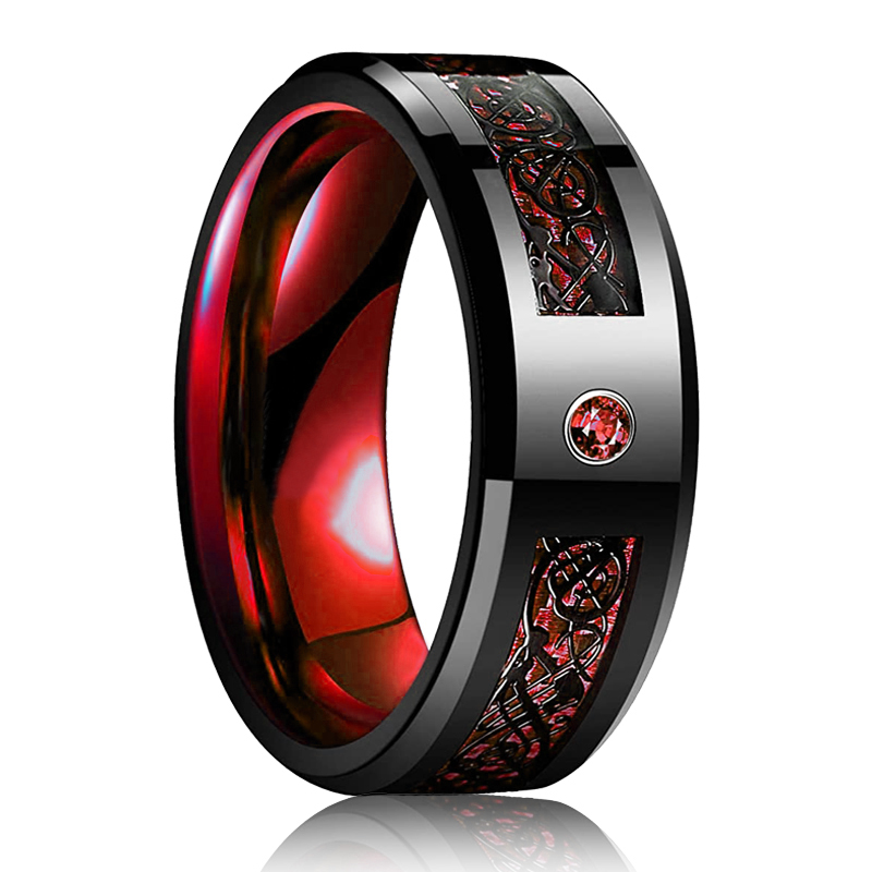Hot Sales Hot Sales Fashion 8mm Black Tungsten Wedding Celtic Dragon Inlaid Zircon Punk Stainless Steel Blue Carbon Fibre Ring For Men_voghion.com
