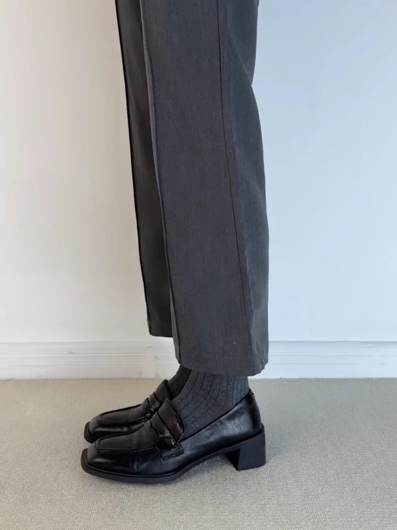 Mocassini Lancui Commuter 2025 Primavera con punta quadrata e tacco spesso, da donna, neri, senza lacci, con tacco medio_voghion.com