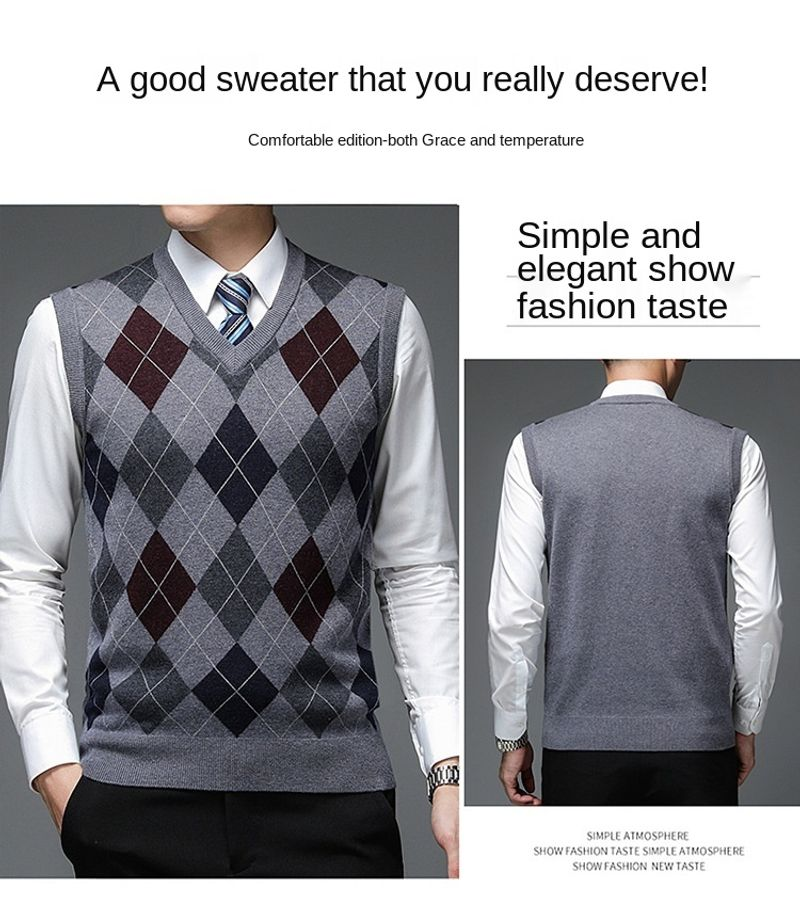 Novo outono designer de moda marca argyle pulôver diamante camisola com decote em v malha colete 6% lã sem mangas roupas masculinas casuais_voghion.com