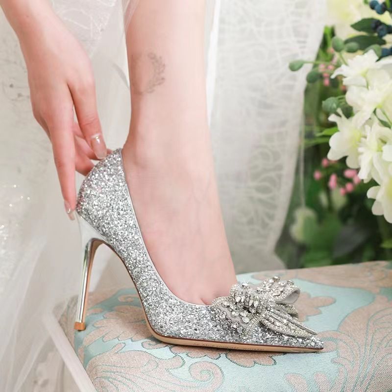 Wedding Shoes Bridal Shoes Master Wedding Dress Banquet Water Diamond Bow Silver Sequins Fine Heels Shoes Bridesmaid Crystal High Heels Shoes_voghion.com
