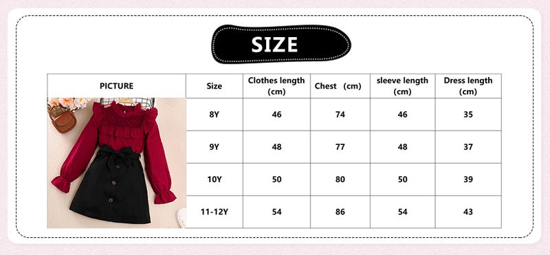 Abito da ragazza primavera autunno tinta unita manica lunga in pizzo scolpito top a pieghe e gonna corta decorata con bottoni_voghion.com