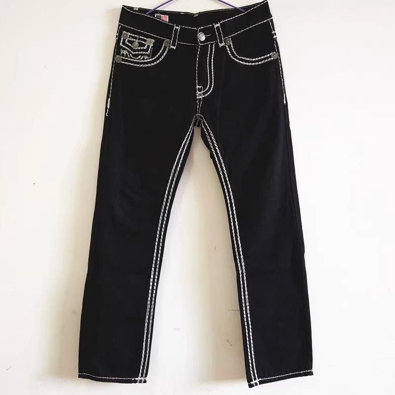 Trendy Rock Style Jeans Herren Weiß Dicke Linie Faith Plus Size Lose Gerade Hose Schwarz_voghion.com