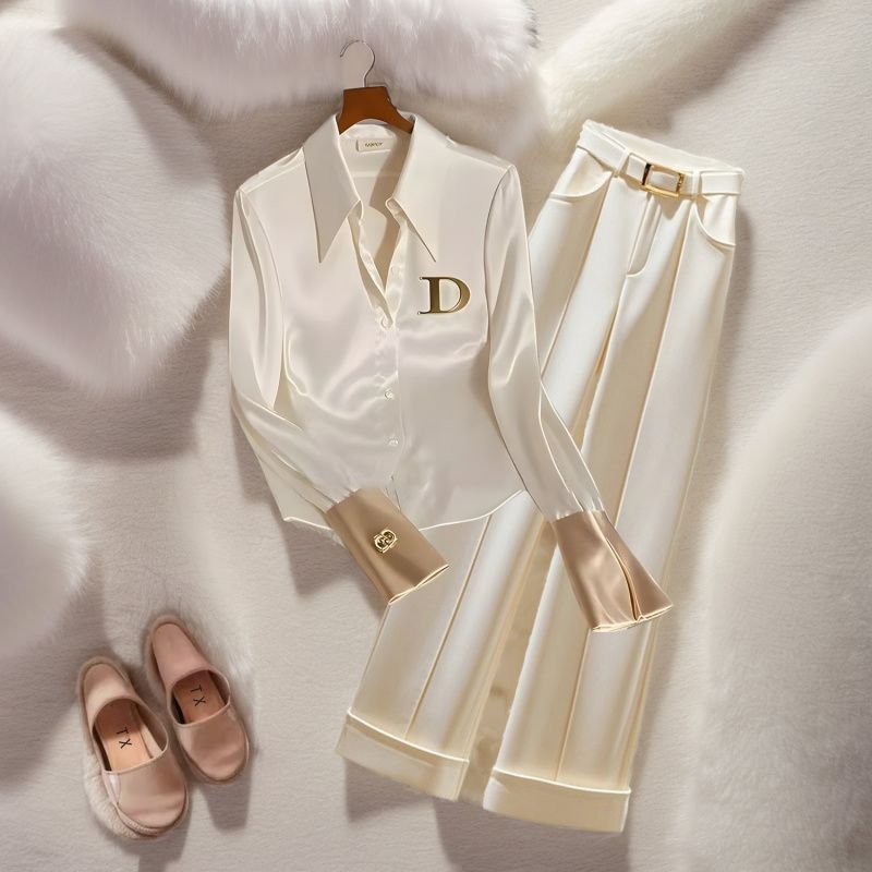 Effortless Office-to-Outing Set – Structured Champagne Blouse + Fluid Wide-Leg Trousers (S-3XL) – Minimalist Power Dressing_voghion.com