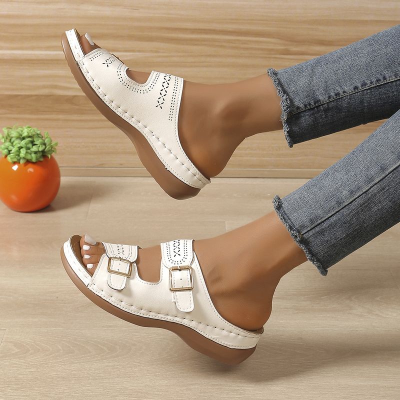 New Plus Size Carved Belt Buckle Thick Sole Women's Wedge Lightweight Outdoor Sandals_voghion.com
