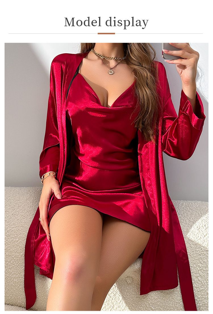 Damen Nachtwäsche Zweiteiliger Sling-Bademantel Lässige Heimkleidung Sexy Mode_voghion.com