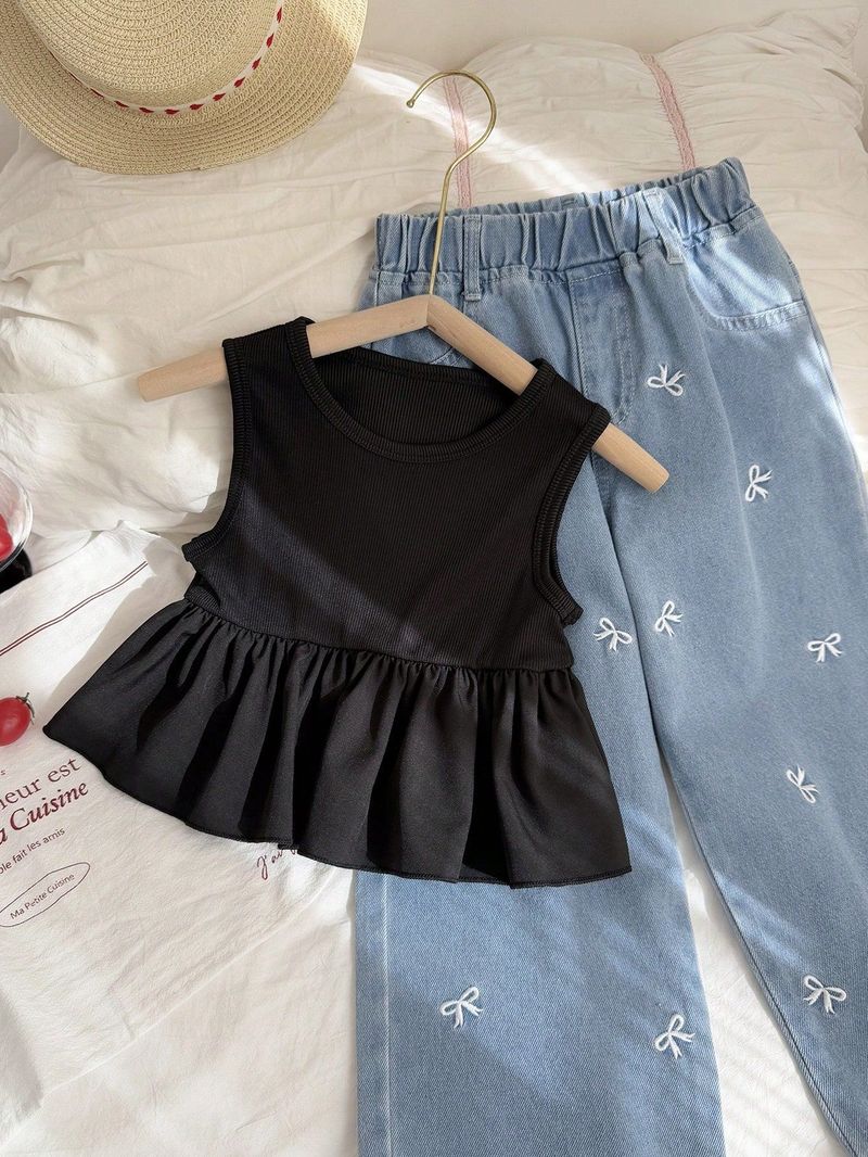 Completo da bambina composto da top girocollo in maglia e jeans ricamati con fiocco, 2 pezzi, morbido misto cotone, comodo ed elegante, perfetto per la primavera e l'estate, età 4-7 anni_voghion.com