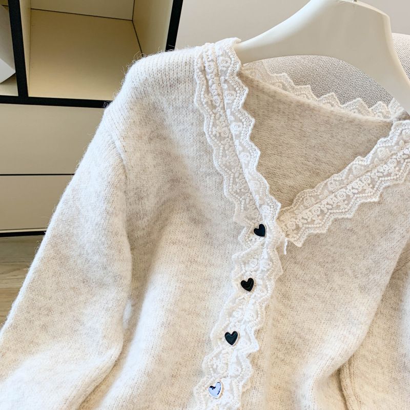 Women's Clothing Lace Stitching Sample Fashionable Elegant Lace Trim V-Neck Long Sleeve Cardigan Sweater For Women - Grey & Beige, One Size Fits All_voghion.com