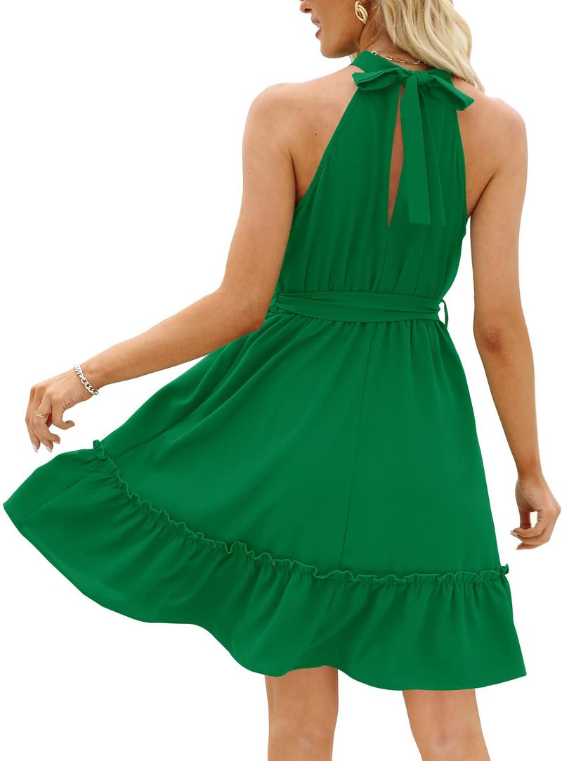 2023 Frühling und Sommer, A-Linien-Rock, Neckholder, florales Schnür-Tunika-Kleid mit offenem Rücken_voghion.com