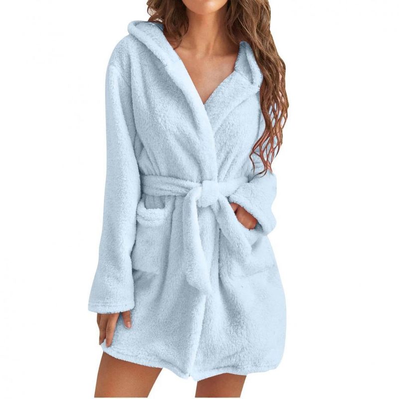 Popular Autumn And Winter Hooded Home Plush Pajamas Solid Color Warm Bathrobe Women_voghion.com