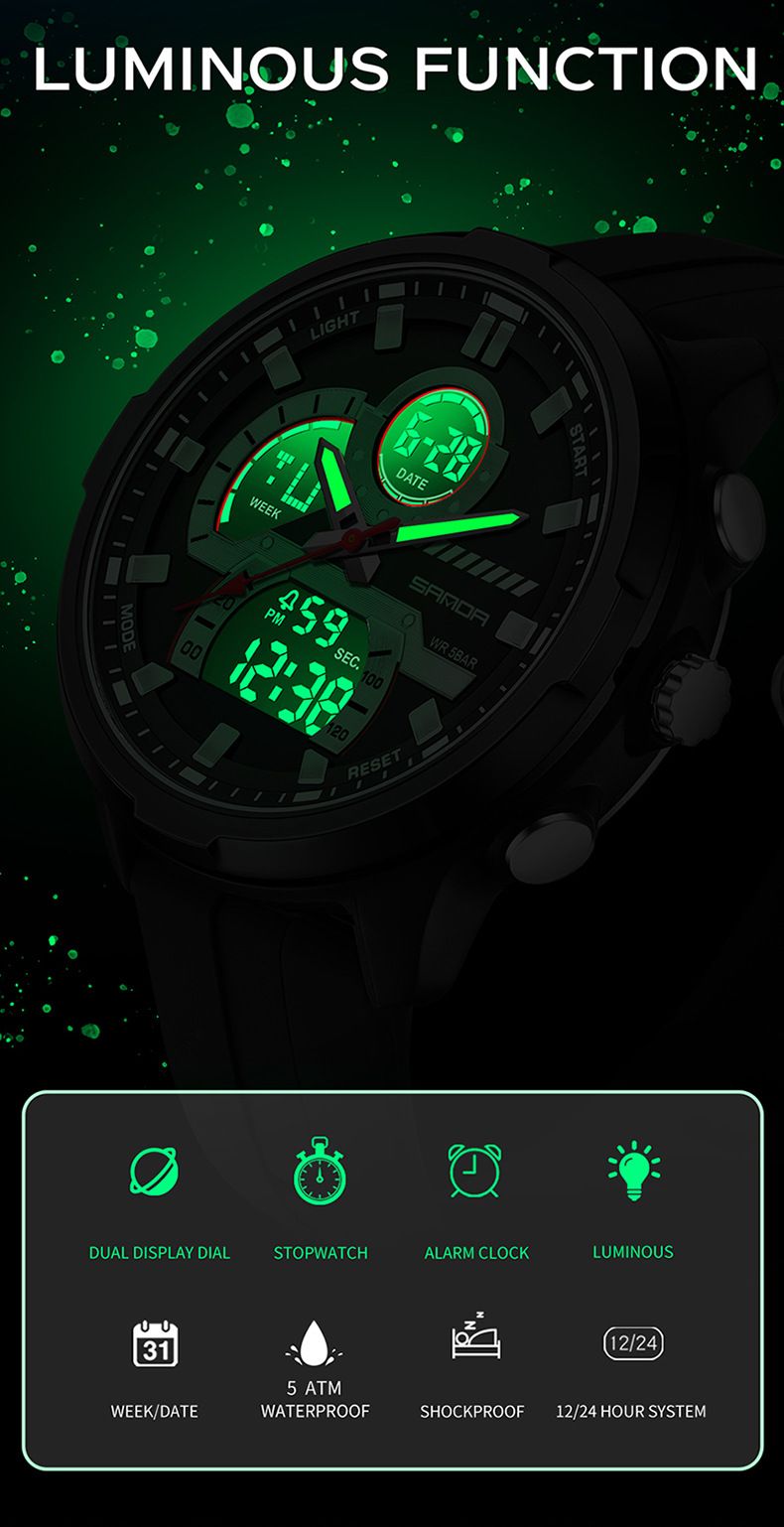 Men's Sport Watch With Dual Time, Stopwatch, Alarm & Waterproof - Digital Analog Display, Silicone Strap, 50m Water Resistance Men's Watch_voghion.com