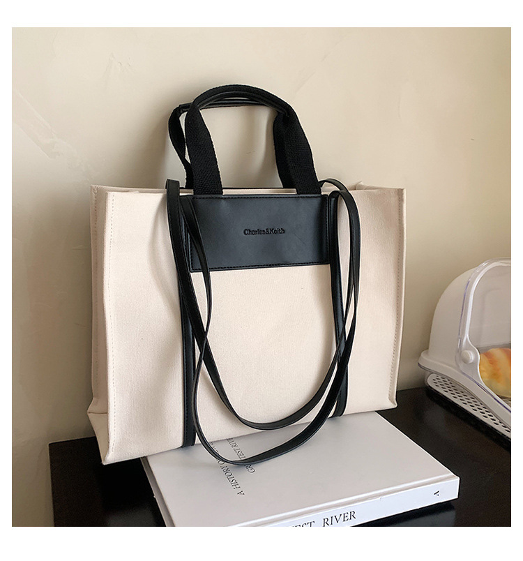 Borse tote da donna, semplici borse tote da donna con colori di tela a contrasto e tracolla singola di grande capacità._voghion.com
