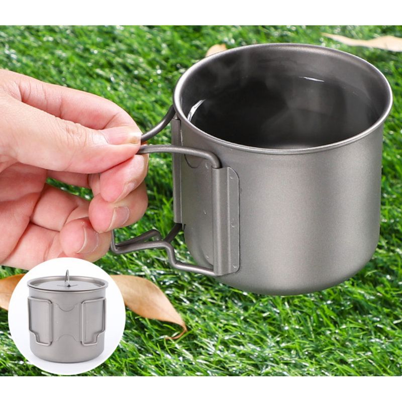 Camping mit Deckel, Outdoorbecher aus reinem Titan, tragbarer Campinggriff, faltbarer Becher, Reisewasserbecher_voghion.com