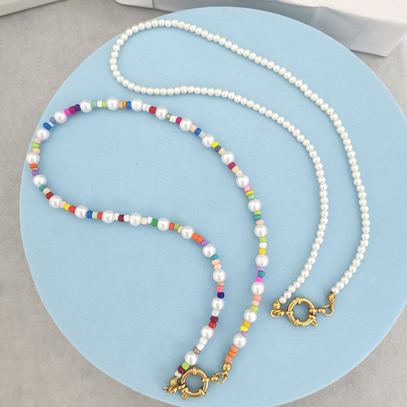 QMHJE Boho Pearl Necklace Women Choker Stainless Steel Clasp Sailor Buckle DIY Base Chain Beach Gold Color_voghion.com