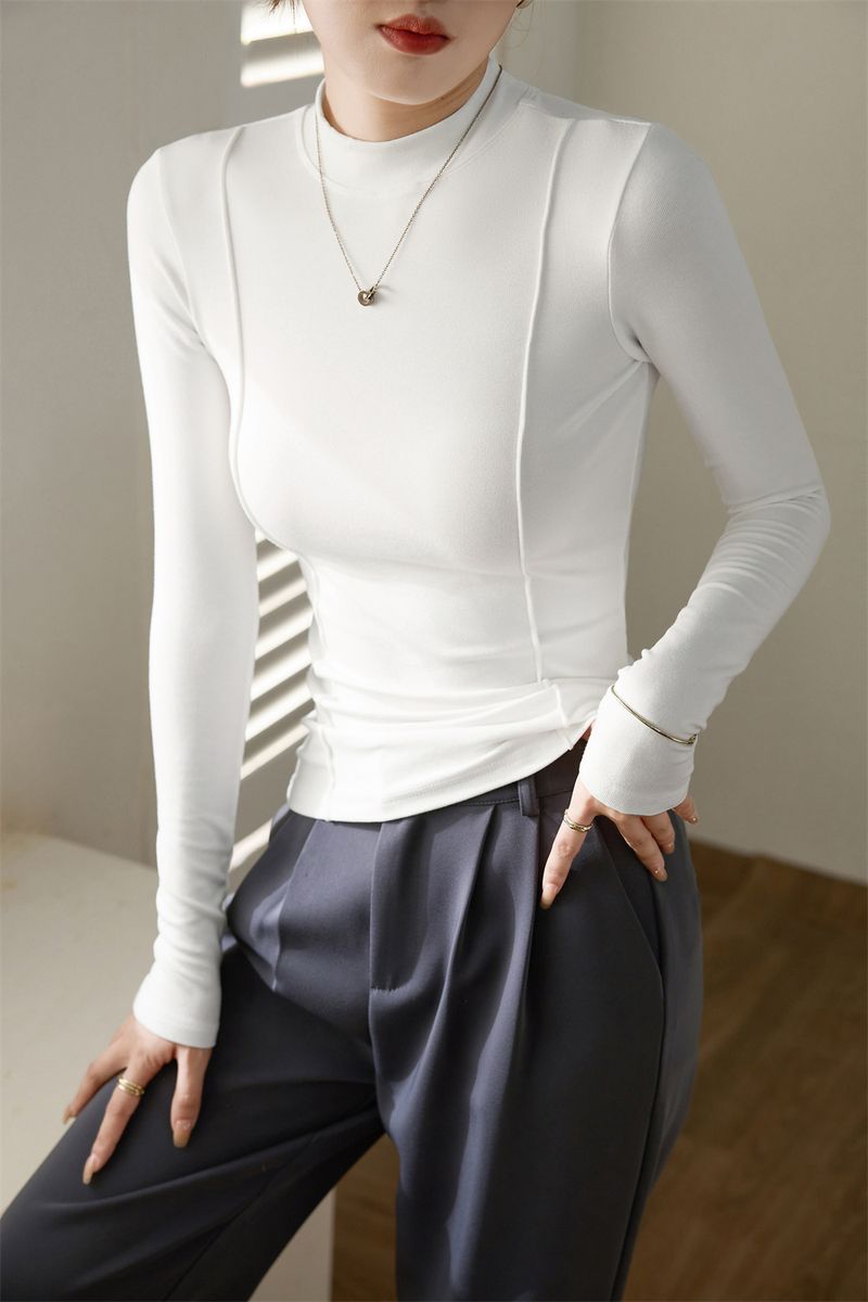 Women's Clothing Maillard high end design 2024 autumn and winter new half high collar T shirt women's long sleeved slim bottoming shirt top trend_voghion.com
