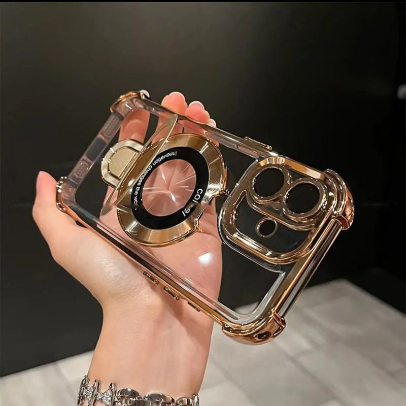 Galwanizowane etui magnetyczne z podstawką do iPhone'a 16 Pro Max/15 Pro - 4-rogowa, odporna na wstrząsy przezroczysta obudowa ze wbudowaną podstawką_voghion.com