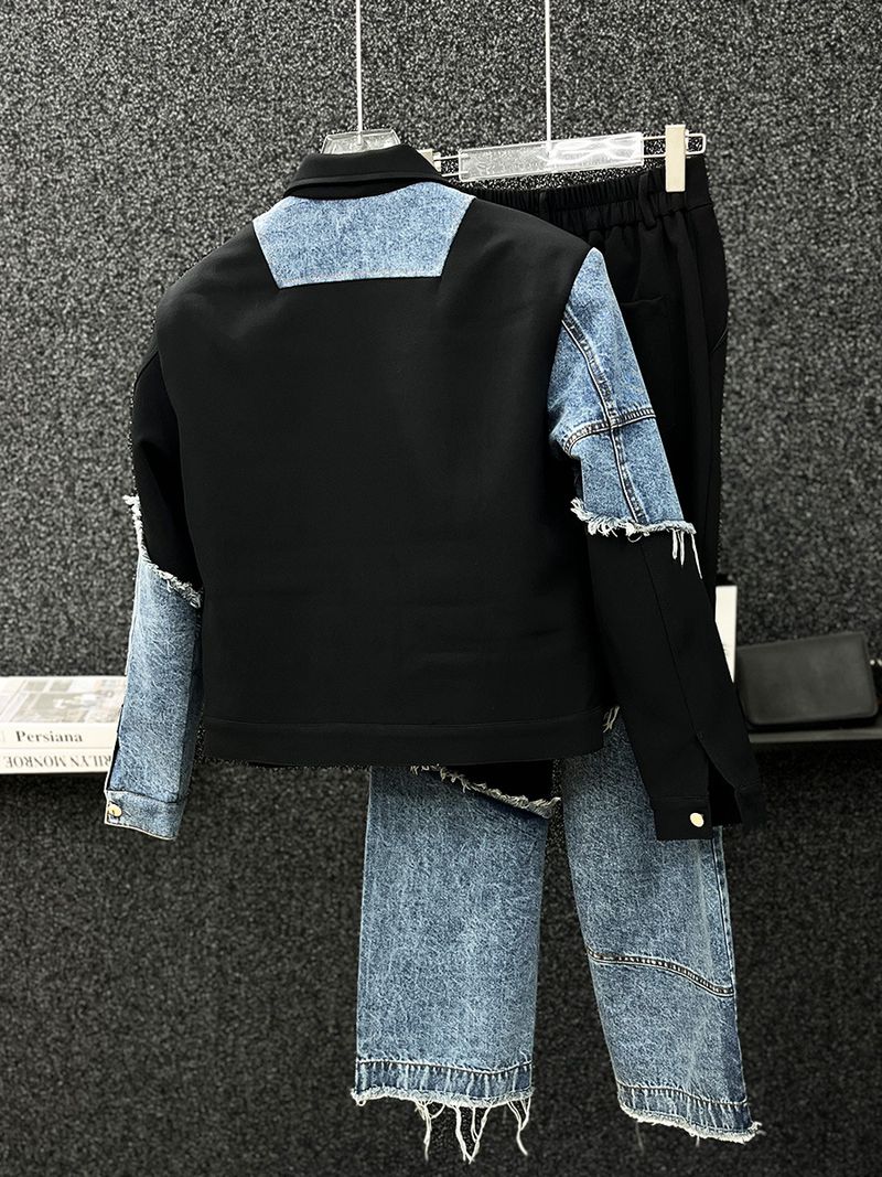 Denim-Paneled Jacket & Pants Set – Men’s Oversized Streetwear Two-Piece (M-XL) – Korean-Inspired Casual Outfit_voghion.com